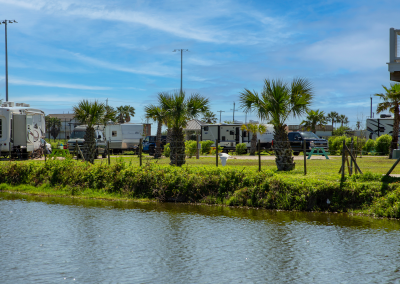 Galveston Island RV Park near pond in west Galveston, Texas.